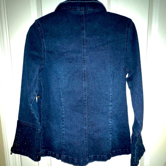 DG2 DIANE GILMAN EMBELLISHED DENIM BLUE ZIP MOTTO JACKET WITH ZIP FLARE SLEEVES - Picture 12 of 16